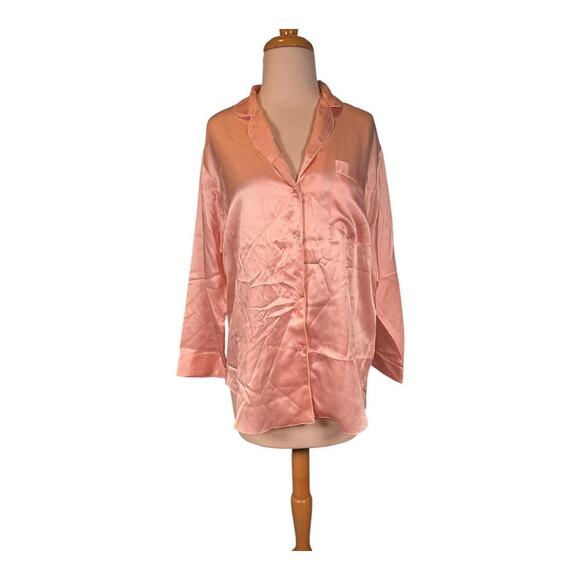 Nordstrom 100% Silk Small Long Back Pajama Top Long Sleeve Baby Pink White Trim - Picture 12 of 13